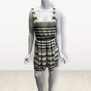 BCBG Striped Black & Gray Sleeveless Belted Dress